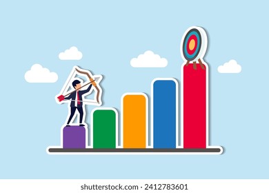 Business challenge to achieve higher target, ambition and aspiration to improve or aiming for success goal concept, confidence businessman aiming his bow arrow to top of high performance target.