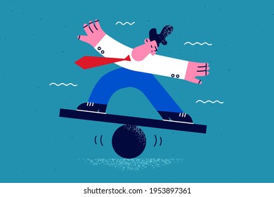 Business challenge, balance, stability concept. Young businessman cartoon character wearing official clothing trying to get balance on board standing vector illustration 