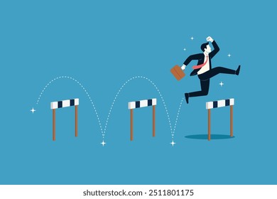 Business challenge, Businessman jumping higher over hurdle. Business concept illustration