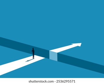 Business Challenge. Businessman Standing on the Edge of the Arrow Gap