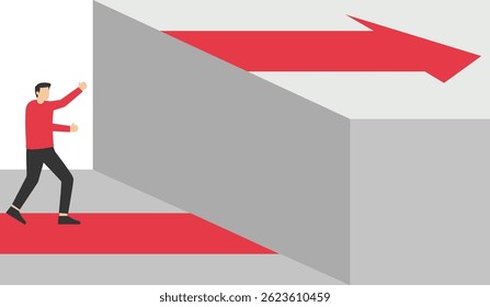 Business Challenge. Businessman Standing on the Edge of the Arrow Gap illustration

