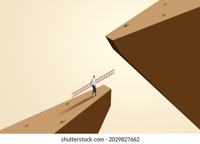 Business challenge Businessmen use ladders to climb over gaps. Go For Success With Ambition, Motivation, Opportunity, And Courage. Vector Illustration.