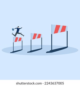 Business challenge concept, ambitious businessman jumping over hurdles to find higher barriers, overcoming difficulties or obstacles to achieve business success, effort, skills to solve problems.