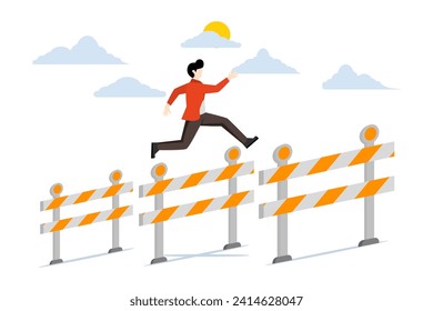 Business challenge concept, ambitious businessman jumping over obstacles to find higher obstacles, overcoming difficulties or obstacles to achieve business success, efforts, skills to solve problems.