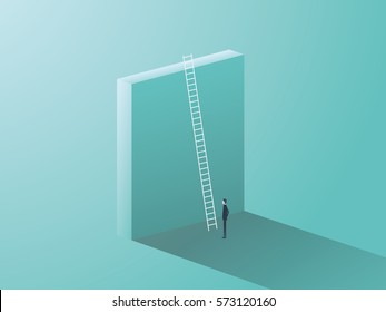 Business challenge concept with big wall and ladder. Businessman standing in front, symbol for career growth, finding creative solution. Eps10 vector illustration.