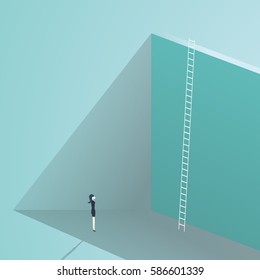Business challenge concept with big wall and ladder. Businesswoman standing in front, symbol for career growth, finding creative solution. Eps10 vector illustration.