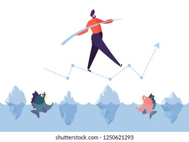 Business challenge concept. Businessman character walking on arrow above ocean with sharks. Financial risks. Vector illustration