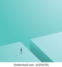 Business challenge concept with businessman in minimalistic design standing next to big hole ready, looking for solution. Eps10 vector illustration.