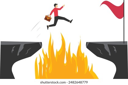 Business challenge concept with businessman running and jumping over gaps. Symbol of opportunity, success, ambition, and courage.