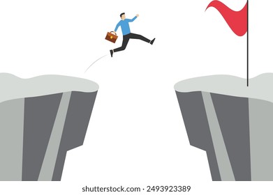 Business challenge concept with businessman running and jumping over gaps. Symbol of opportunity, success, ambition and courage.

