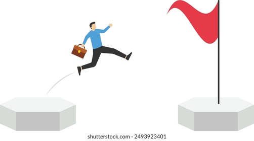 Business challenge concept with businessman running and jumping over gaps. Symbol of opportunity, success, ambition and courage.

