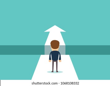 Business challenge concept with businessman walking towards gap. Symbol of success, opportunity, overcoming, ambition and courage. Stock flat vector illustration.
