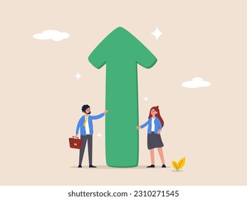 Business challenge concept. Business growth and risk to fall down, team success or career development, strategy to win big earning and profit, businessman carry huge growing up arrow with colleague.