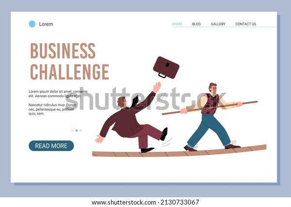 Business challenge concept with man balancing on\
rope and falling from it, landing page flat vector illustration.\
Web banner template with businessman walking on tightrope and\
carrying pole.