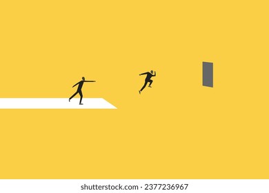 Business challenge concept with man jump to the window. Goal or target behind obstacle. Eps10 vector illustration.
