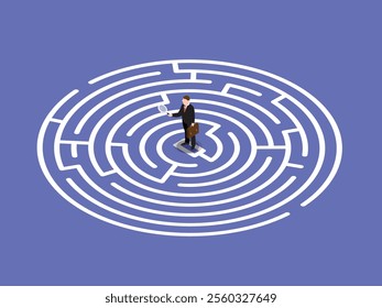 Business Challenge Concept - Man in Maze Searching for Solutions 3d isometric vector illustration