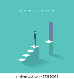 Business challenge concept with man standing on stairs. Goal or target behind obstacle. Eps10 vector illustration.