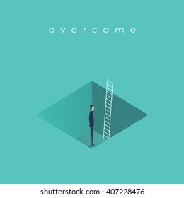 Business challenge concept with man standing in a hole with ladder. Finding solution, recover from crisis symbol. Eps10 vector illustration.