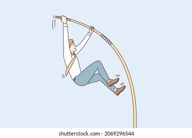 Business challenge and confidence concept. Young smiling businessman cartoon character jumping with stick to achieve goal vector illustration 