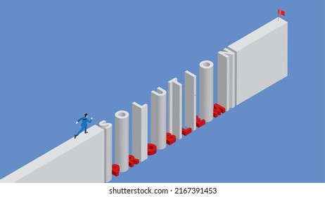 Business challenge, contest, trouble, motivation, ambition, success, achievement concept. Businessman runs on step text SOLUTION alternate with red trap obstacle word PROBLEM, aim to red flag goal.