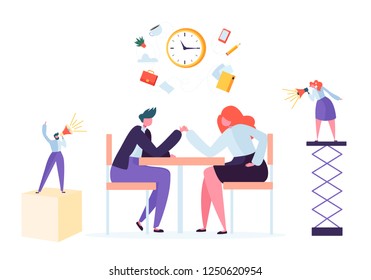 Business challenge, corporate rivalry concept. Business people characters armwrestling at office desk. Vector illustration