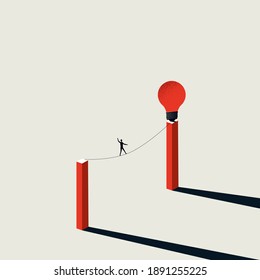 Business challenge and creativity vector concept. Businessman on tightrope to lightbulb. Symbol of courage, innovation. Eps10 illustration.