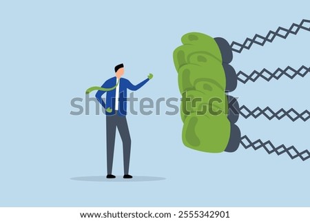 Business challenge to deal with many competitors, Confident businessman wearing boxing gloves battles numerous adversaries.