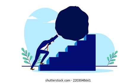 Business Challenge - Determined Businessman Working Hard Pushing Rock Up Stairs. Determination And Persistence Concept. Flat Design Vector Illustration With White Background