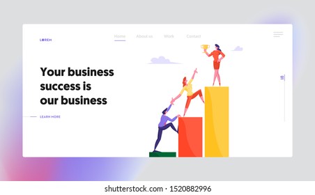 Business Challenge Development Website Landing Page. Businesspeople Climbing Up Financial Chart Trying Reach Out Woman Stand on Top Holding Gold Goblet Web Page Banner. Flat Vector Illustration