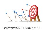 Business challenge failure concept. Lots arrows missed hitting target mark and only one hits the center. Shot miss. Failed inaccurate attempts to hit archery target. Vector illustration.