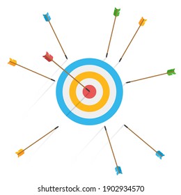 Business challenge failure concept. Lots arrows missed hitting target mark and only one hits the center. Shot miss. Failed inaccurate attempts to hit archery target. Vector illustration in front view.