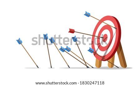 Business challenge failure concept. Lots arrows missed hitting target mark and only one hits the center. Shot miss. Failed inaccurate attempts to hit archery target. Vector illustration.