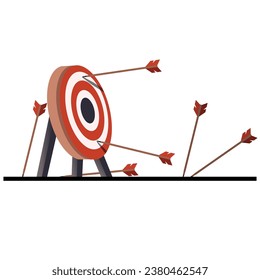 Business challenge failure concept. Many arrows missed the target mark and only one hit the center. Lack of shooting. Failed inaccurate attempts to hit the bow and arrow target. Vector illustration.