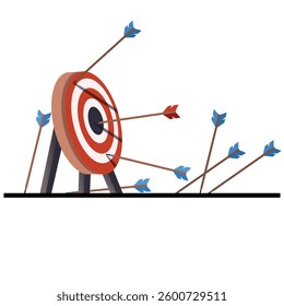 business challenge failure concept many arrows, success after many attempts. vector illustration.