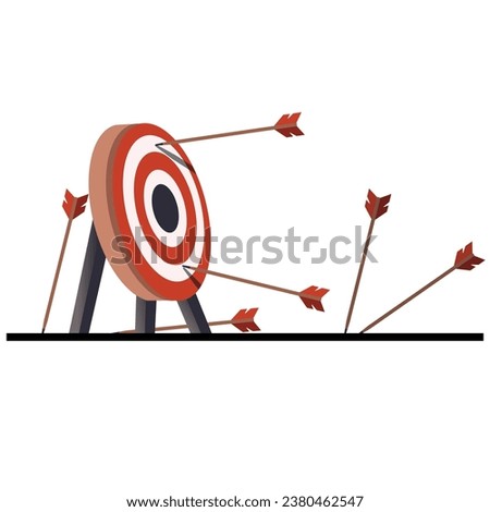 Business challenge failure concept. Many arrows missed the target mark and only one hit the center. Lack of shooting. Failed inaccurate attempts to hit the bow and arrow target. Vector illustration.