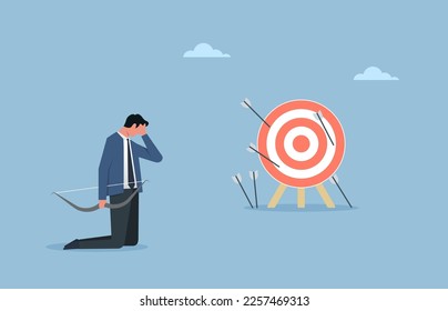 Business challenge failure metaphor, multiple failed inaccurate attempts to hit archery target, despair or disappointment from losing opportunity 