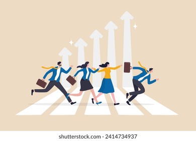 Business challenge, growing to success, growth chart or career path, teamwork winning together, work improvement or leadership, motivation concept, business people running on growth arrow up chart.