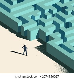 Business Challenge - Labyrinth Ahead. A Person Standing At The Entrance To A Maze. Conceptual Vector Illustration.