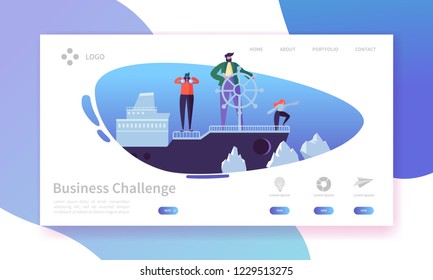 Business Challenge Landing Page. Banner with Flat People Characters on the Ship in Dangerous Water Website Template. Easy Edit and Customize. Vector illustration