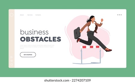 Business Challenge Landing Page Template. Business Woman Character Running on Stadium Track Holding Briefcase in Hand. Successful Businesswoman Jump over Obstacles. Cartoon People Vector Illustration