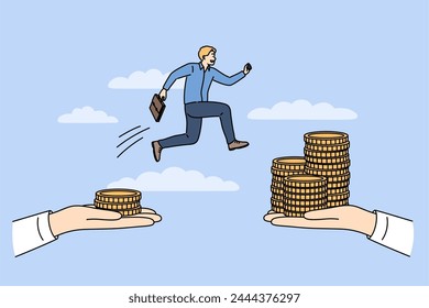 Business challenge for man who wants to earn more and jumps between hands with money. Challenge for office employee motivated by financial income received for taking risks in work process