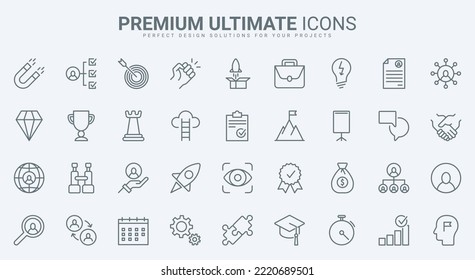 Business challenge and motivation for career growth thin line icons set vector illustration. Abstract outline professional ambitions and risks, success leadership and launch finance projects