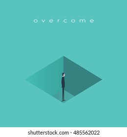 Business challenge, obstacle, issues concept vector background. Businessman standing in a hole to find creative solution to a problem. Eps10 vector illustration.