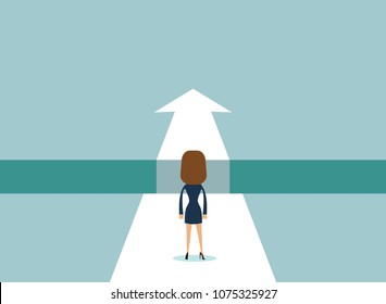 Business challenge or obstacle vector concept with businesswoman standing on the edge of gap, chasm with arrow going through. Concept of courage, bravery, risk. vector illustration.