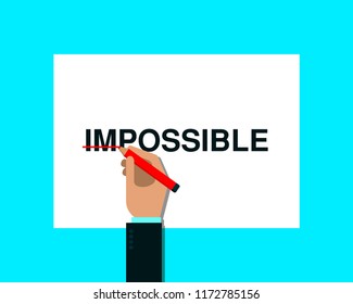 Business challenge, obstacle vector concept with hand of businessman holding red pencil and drawn through the letters IM in the word IMPOSSIBLE. Concept of courage, bravery, risk. Vector illustration