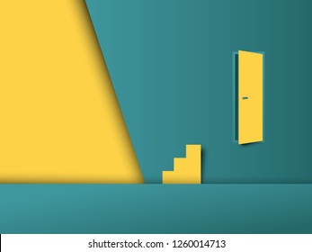 Business challenge and obstacle vector concept with door on the wall and stairs in wrong place. Symbol of finding solution, overcome obstacles. Eps10 vector illustration.