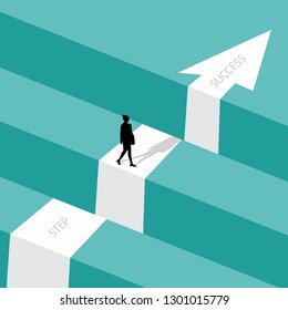 Business challenge or obstacle vector concept with business woman standing. Step of business with arrow for towards of success. Vector illustration EPS.8 EPS.10