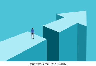 Business challenge or obstacle vector concept. Businessman standing on the edge of gap with arrow going through. Concept of courage, bravery, risk. 