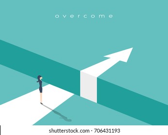 Business challenge or obstacle vector concept with businesswoman standing on the edge of gap, chasm with arrow going through. Concept of courage, bravery, risk. Eps10 vector illustration.