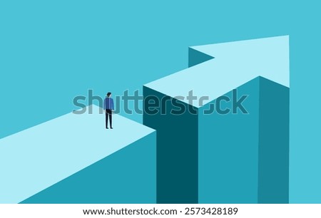 Business challenge or obstacle vector concept. Businessman standing on the edge of gap with arrow going through. Concept of courage, bravery, risk. 